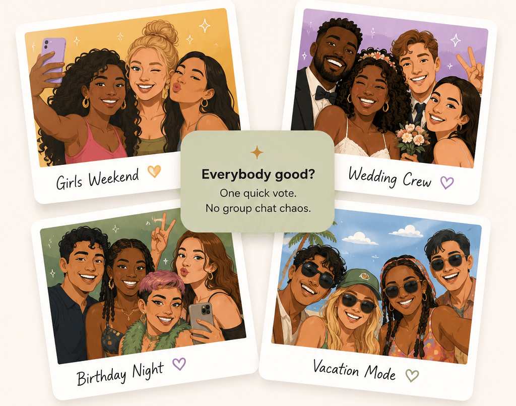 Illustrated group selfies from a girls weekend, wedding, birthday, and vacation